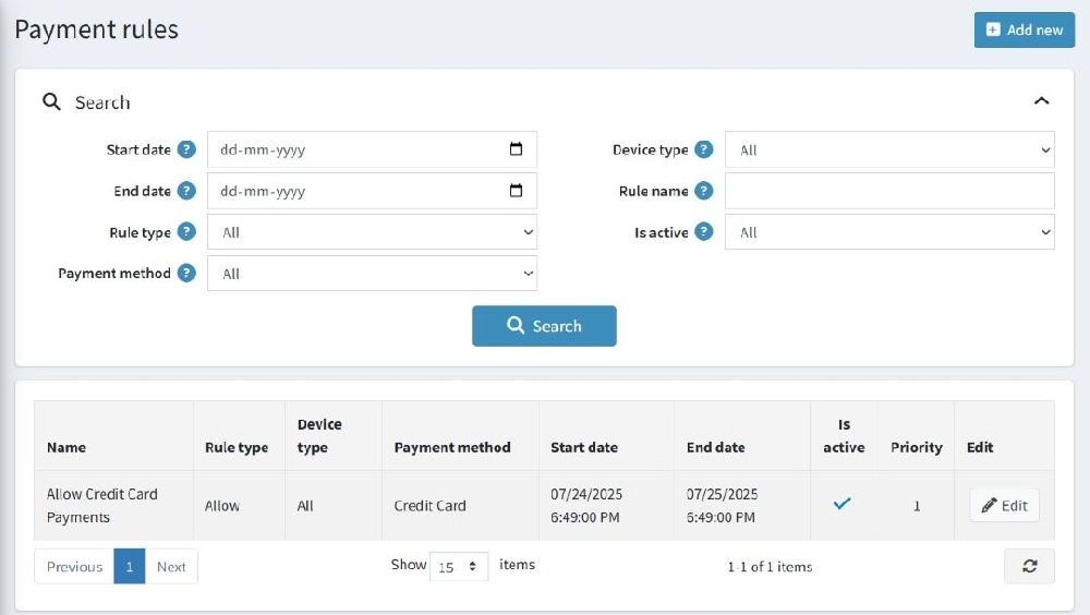 custom payment rules section page
